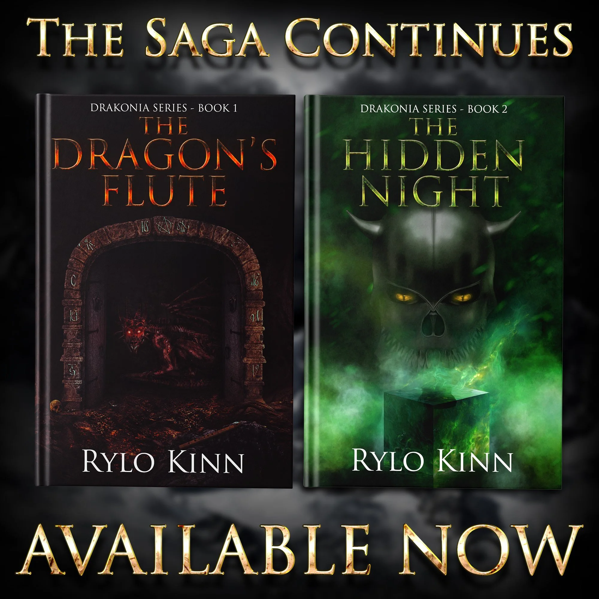 Cover of the book series 'The Saga Continues' by Rylo Kinn, featuring two books. Book 1, titled 'The Dragon's Flute,' has a dark background with a circular, rune-inscribed portal. Book 2, titled 'The Hidden Night,' has a green, misty background with 