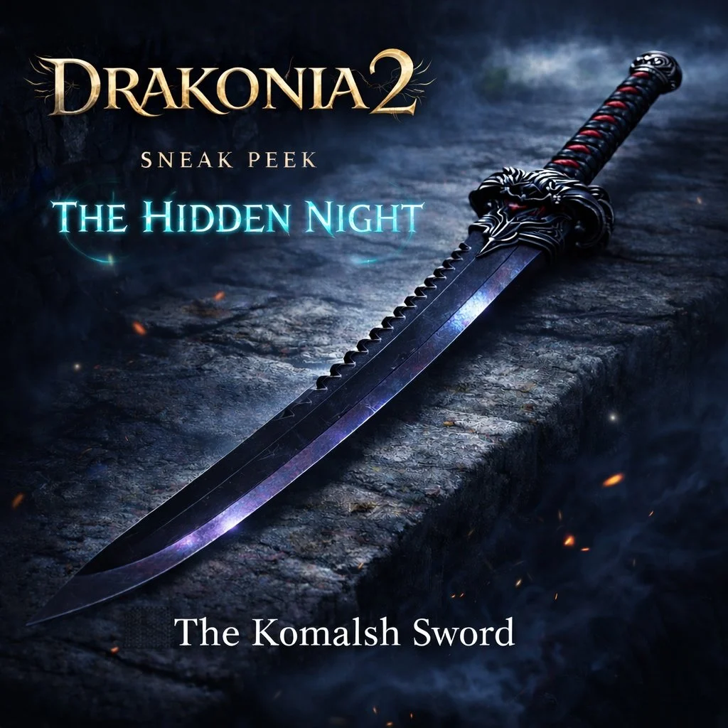 A dark, textured surface with a black dagger that has a detailed handle and glowing purple accents. The text reads "Drakonia 2 Sneak Peek The Hidden Night The Komalsh Sword."