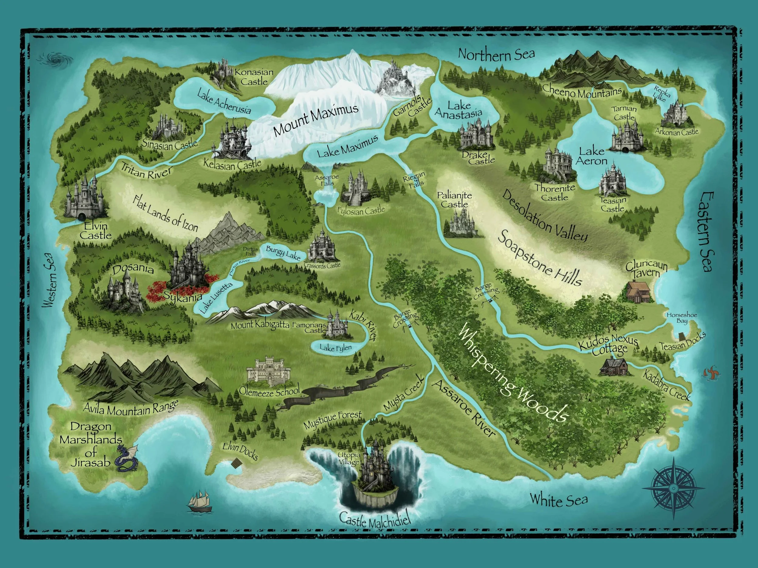 Drakonia World Map. A fantasy map featuring mountains, lakes, castles, forests, rivers, and seas with labeled locations like Mount Maximus, Lake Achersua, and Castle Malchidel.
