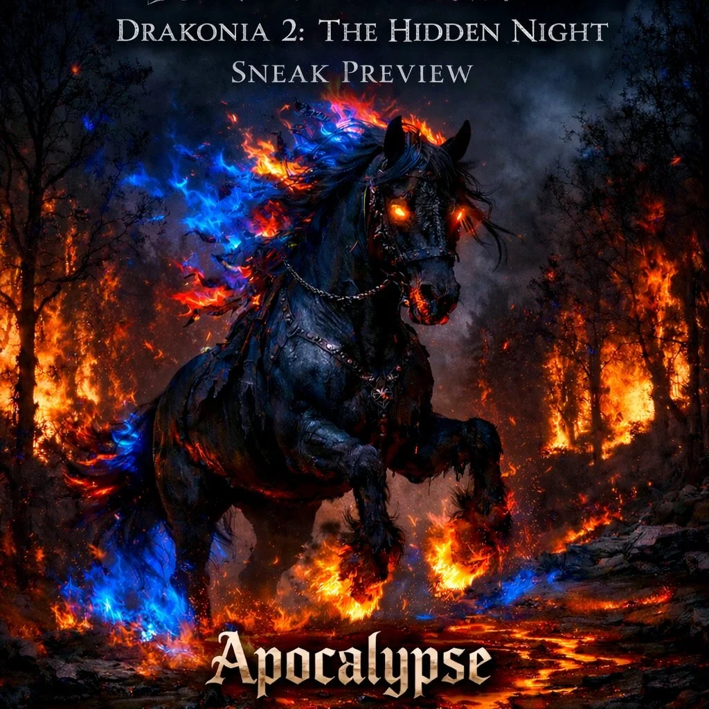 A dark, fiery forest background with flames and smoke. A black horse with glowing orange eyes and blue flames emanating from its mane and tail stands in the center. The text reads "Drakonia 2: The Hidden Night Sneak Preview" at the top and "Apocalyps