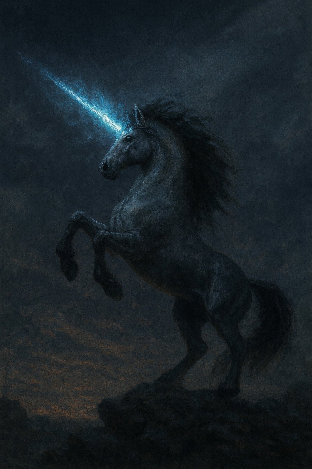 A black horse rearing up with a glowing blue unicorn horn and starry effects