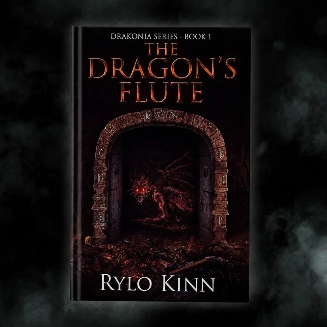 Book cover for 'The Dragon's Flute' by Rylo Kinn, part of the Drakonia series, Book 1. The cover features a dark, arched stone doorway with mysterious glowing red eyes peering out from inside and a dragon-like figure with wings behind the arch.