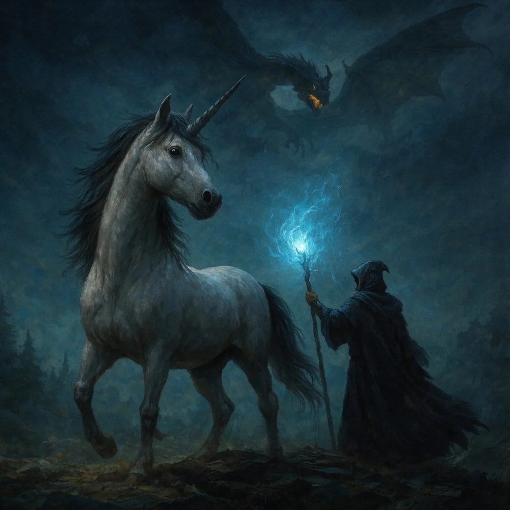 A fantasy scene with a unicorn and a wizard. The unicorn is gray with a black mane and twisted horn, standing on a rocky terrain. The wizard, dressed in black robes, holds a staff with a glowing blue light. In the background, a dark dragon with fiery breath hovers in the sky amid misty mountains.