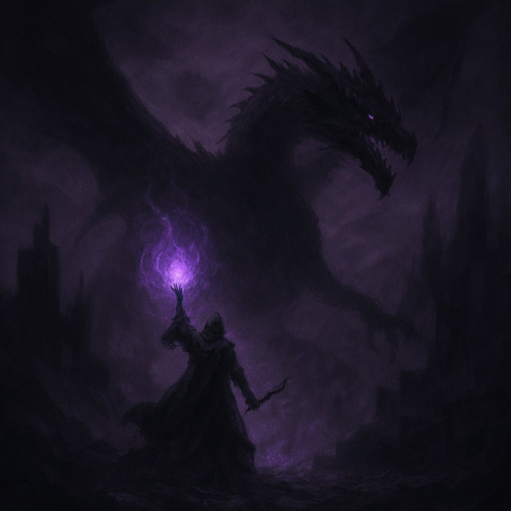 A dark, gothic scene featuring a cloaked figure holding a staff, conjuring purple energy from one hand, with a large, shadowy dragon in the background amidst swirling dark clouds.