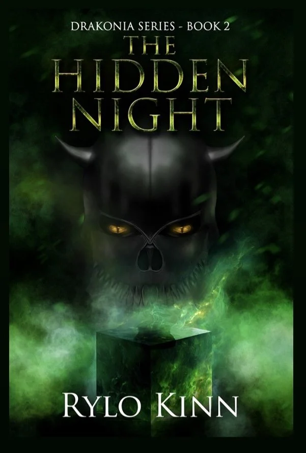 Book cover for 'The Hidden Night' by Rylo Kinn, featuring a dark, demonic mask with glowing yellow eyes and two horns, surrounded by green mist.
