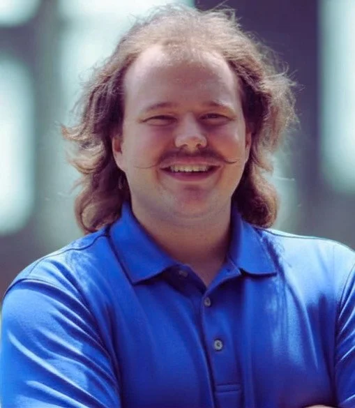 Maximos Wolfley with long, wavy hair and a moustache wearing a blue collared shirt, smiling outdoors.