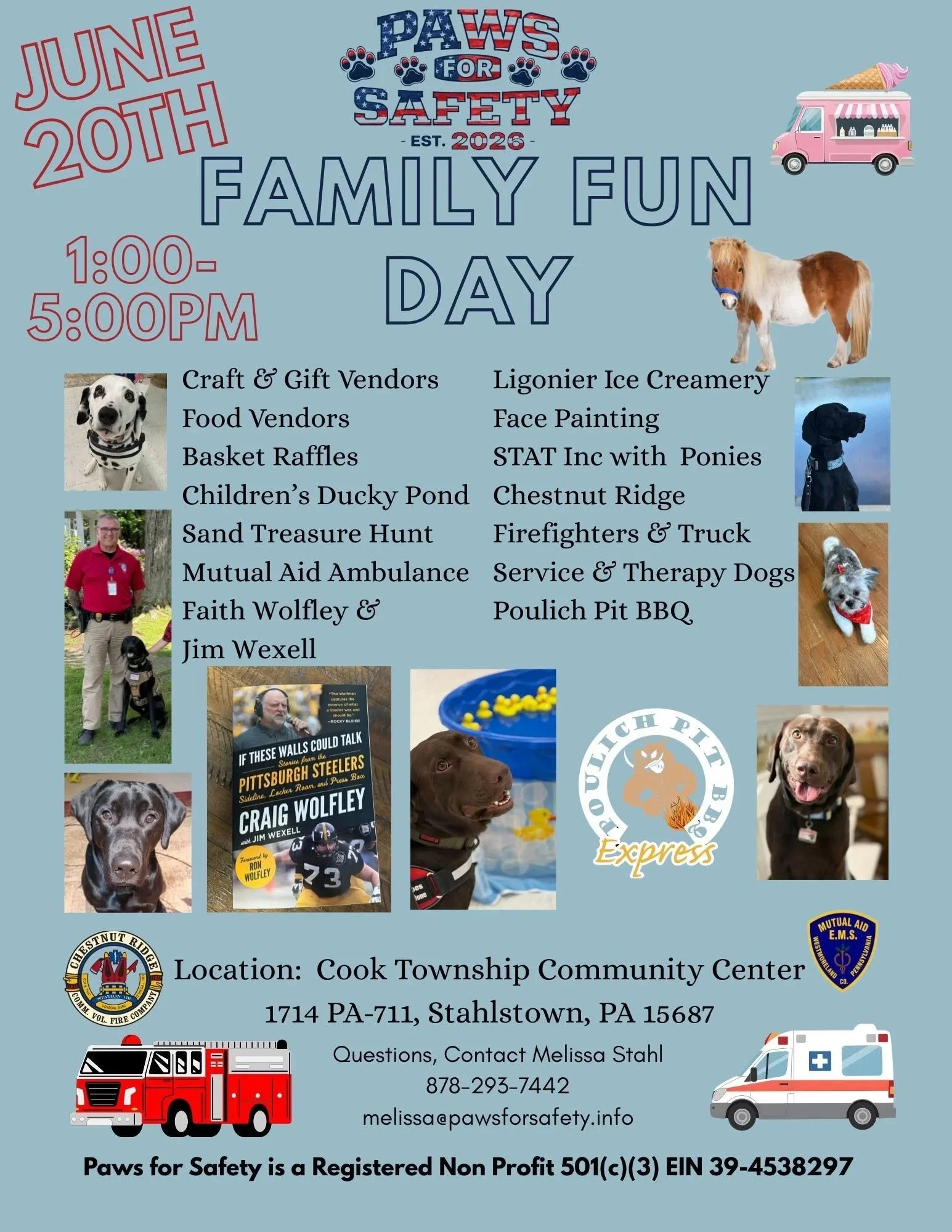 Flyer for Paws for Safety Family Fun Day event on June 20th from 1:00 PM to 5:00 PM at Cook Township Community Center, featuring dog photos, event details, and icons of emergency vehicles such as fire trucks, ambulances, and police cars.