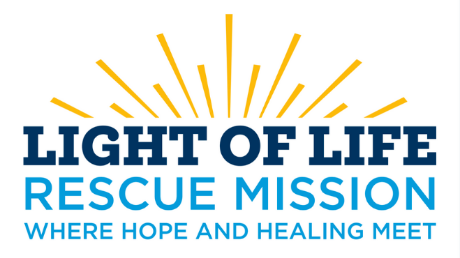 Logo for Light of Life Rescue Mission with yellow rays and blue text