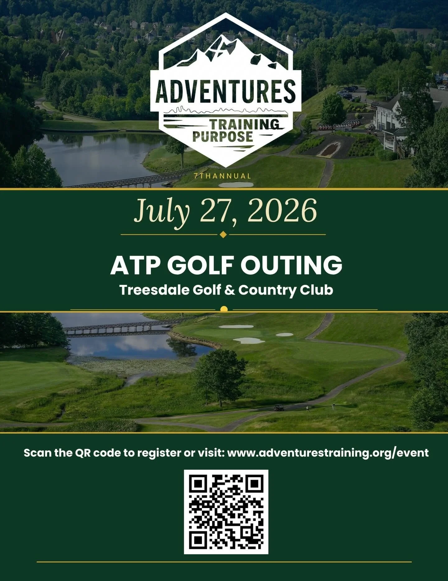A promotional flyer for the 7th annual Adventures Training Purpose event on July 27, 2026, at Treedsale Golf & Country Club. The background features an aerial view of a golf course with a river, trees, and a clubhouse.