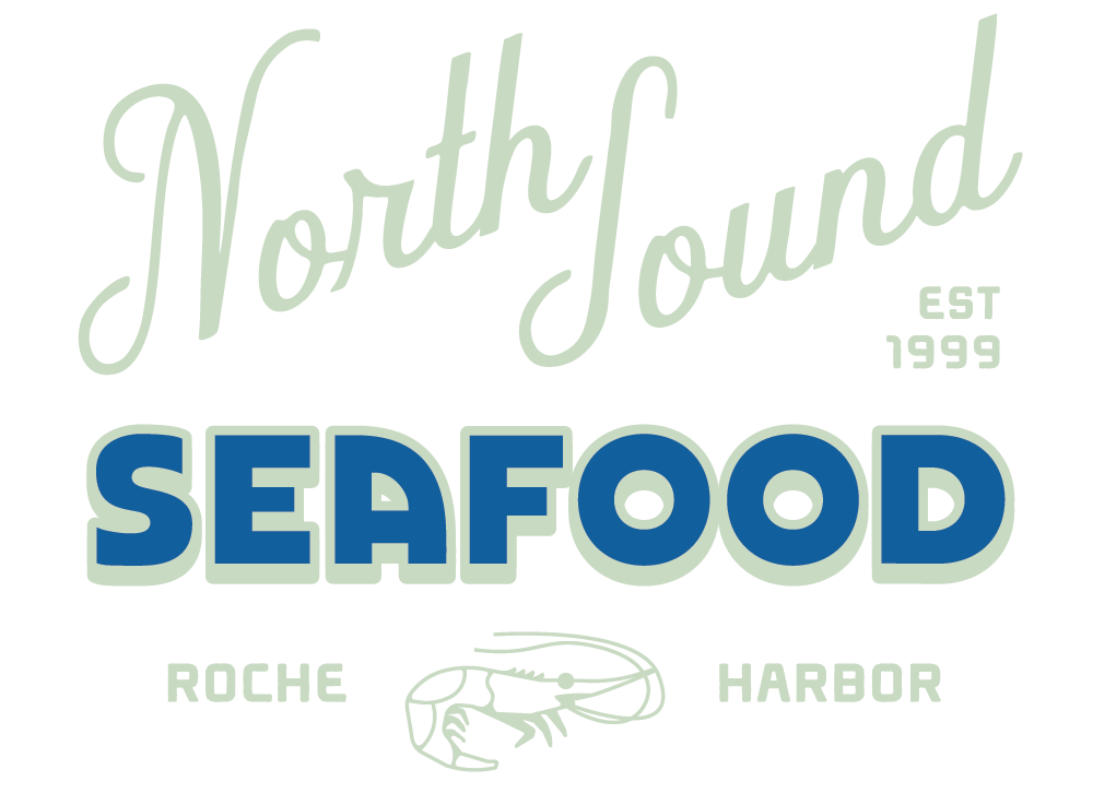 Logo for North Sound Seafood, established 1999, featuring the words North Sound in cursive, Seafood in bold letters, and a graphic of a lobster with Roche Harbor written below.