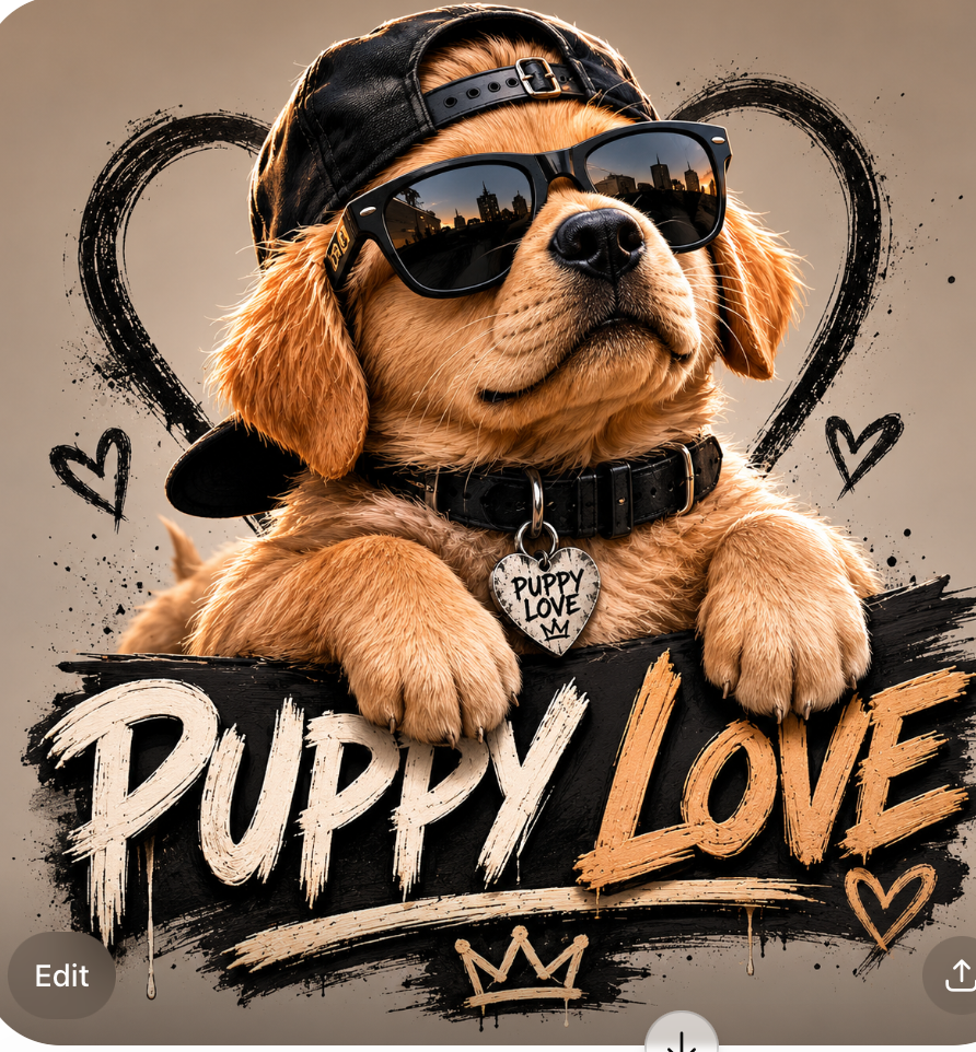 A cute golden retriever puppy wearing sunglasses and a backward cap, with a black collar and a tag that says "Puppy Love." The puppy is posed against a background with heart drawings and the words "Puppy Love" in bold, stylized text.
