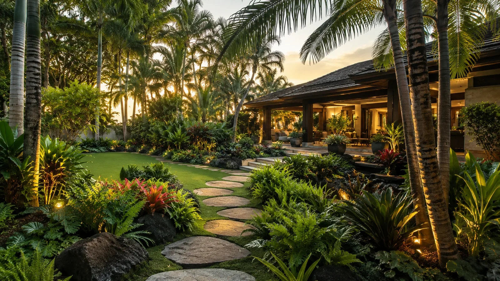 Tropical garden with stepping stones and landscape lighting on Oahu by Shoreline Landscaping