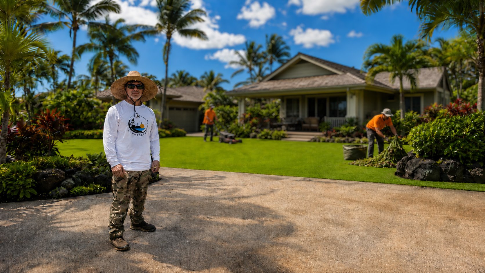 Man standing in front of a house with a landscaped yard, wearing camouflage pants, a white long-sleeve shirt, a wide-brimmed hat, and sunglasses, while two workers in orange shirts do landscaping work nearby on a sunny day with palm trees in the background.