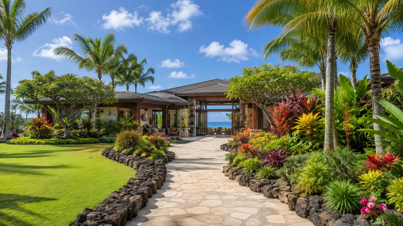 A tropical resort with a paved walkway leading to an open-air building surrounded by lush tropical plants and palm trees, with the ocean visible in the background under a blue sky with clouds.
