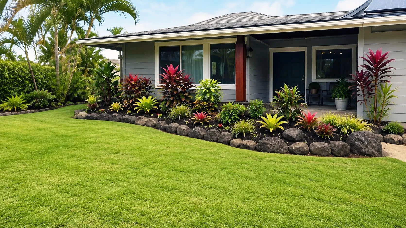 Front yard of a house with a well-maintained lawn, tropical plants, and a garden bed bordered with large rocks. The house has gray siding, large windows, and a porch with some potted plants.