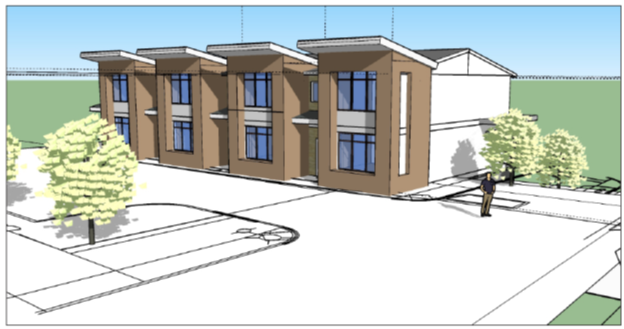 Architectural drawing of a modern residential building with three units, trees, and parking spaces.