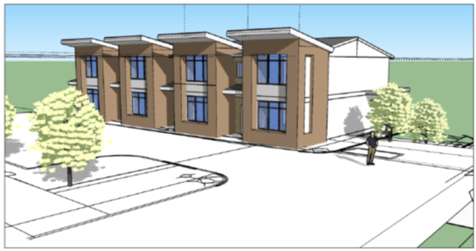 Digital architectural rendering of a two-story residential building with modern design, large windows, and landscaped surroundings, including trees and parking spaces.
