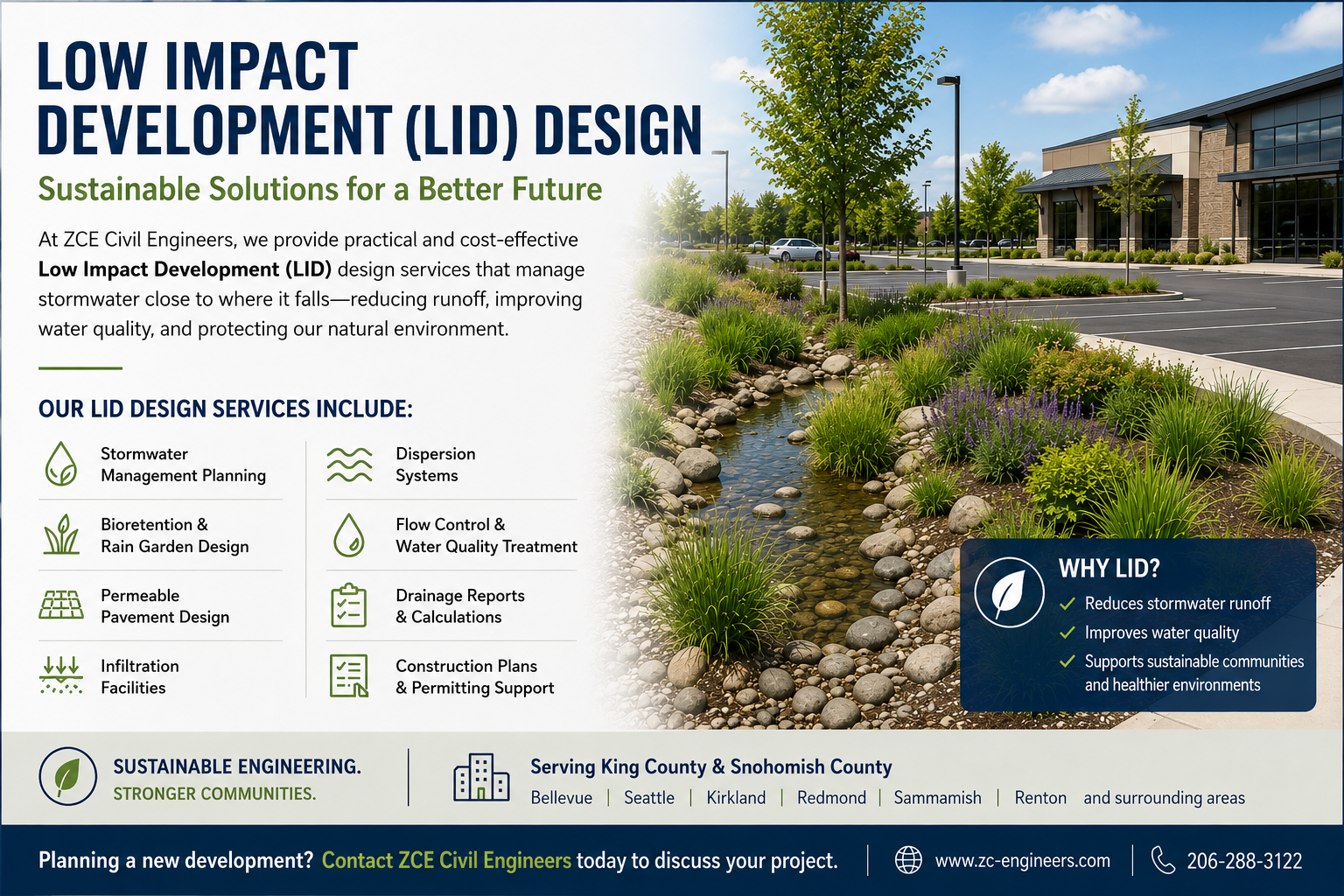 An engineering company's promotional flyer for low impact development (LID) design services, featuring a landscaped area with a small stream near a commercial building, with listing of services and benefits.
