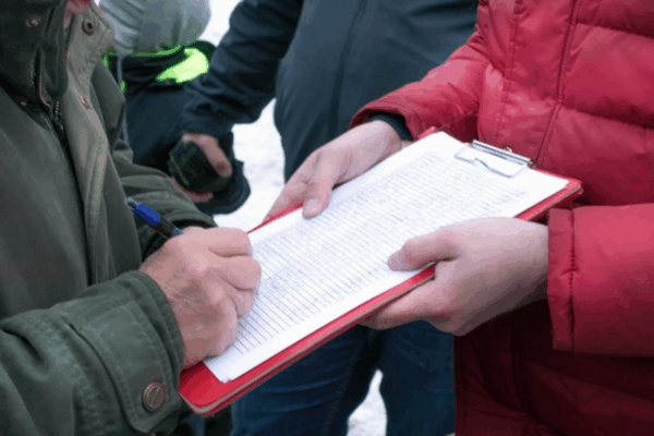 People exchanging information on a clipboard outside, with one person writing and others holding the clipboard.