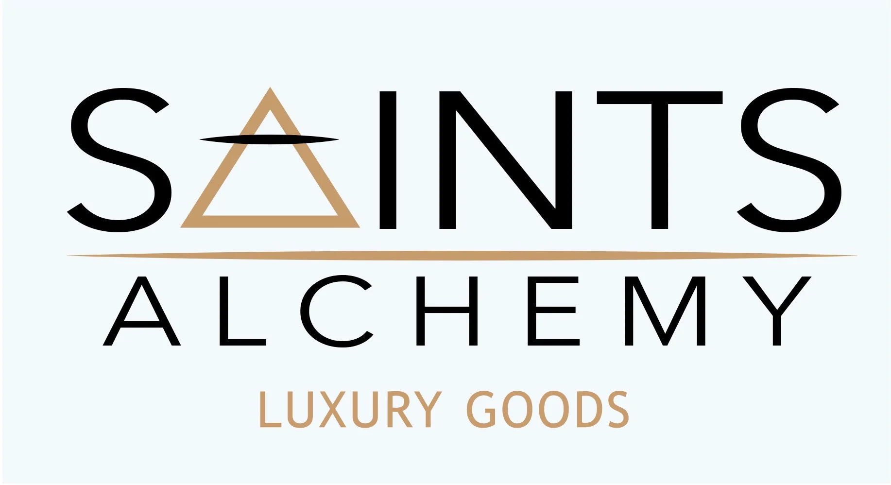 Logo for Saint's Alchemy Luxury Goods featuring stylized black text and a triangle design in gold.