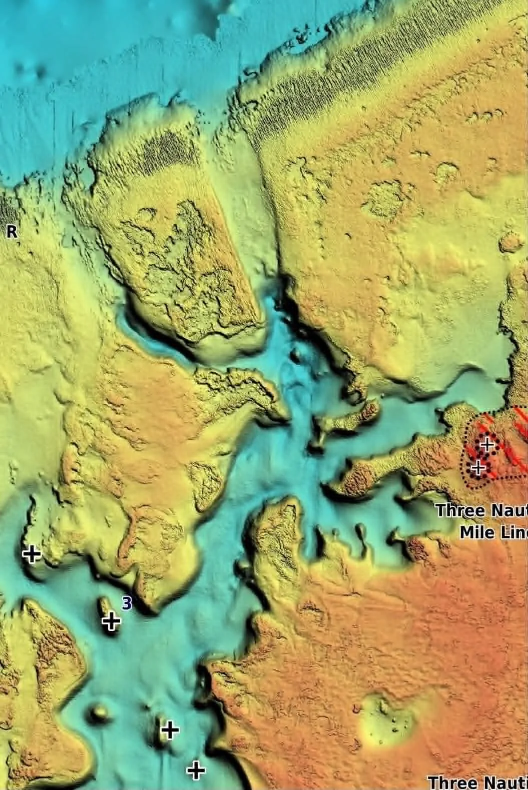 A nautical map showing detailed water depths and land masses with color-coded elevation, marked with navigation lines and points of interest.