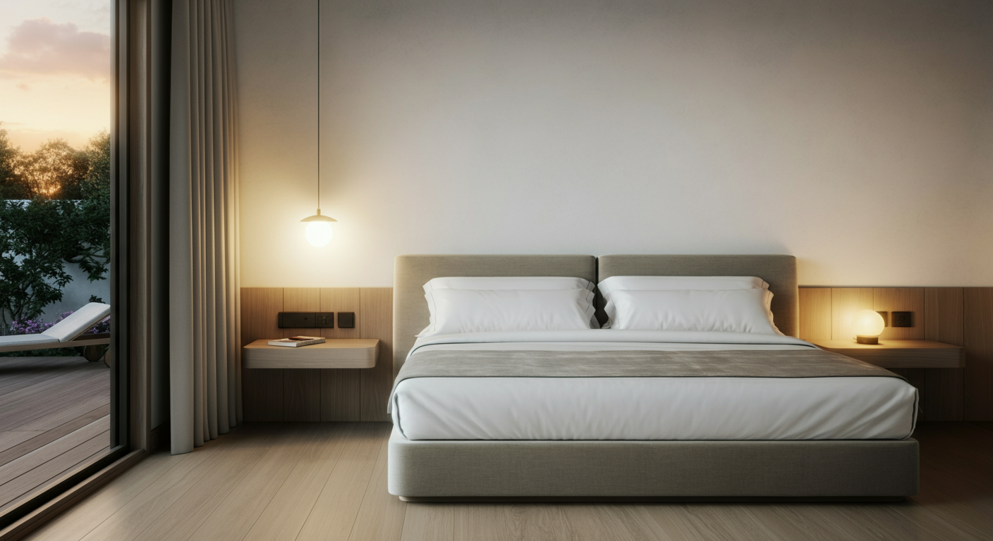 Modern hotel room with a large bed, white bedding, two pillows, nightstands with lamps, and a balcony with a lounge chair at sunset.