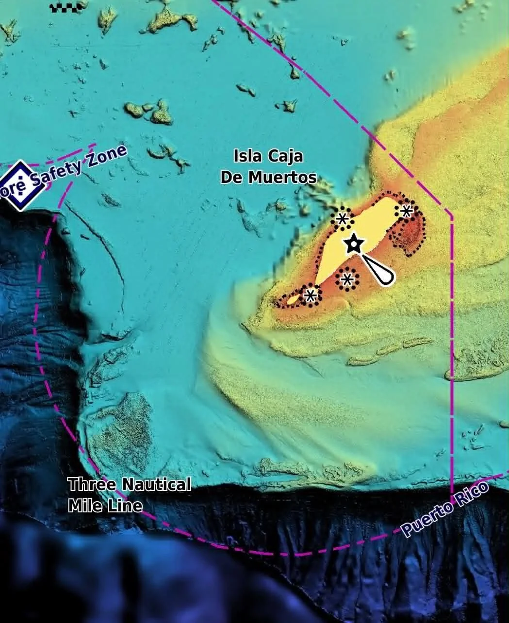 Map showing Isla Caja De Muertos off the coast of Puerto Rico, with labels for the Three Nautical Mile Line and a Safety Zone, and symbols indicating a marked area with a star, a drop shape, and a dotted boundary.