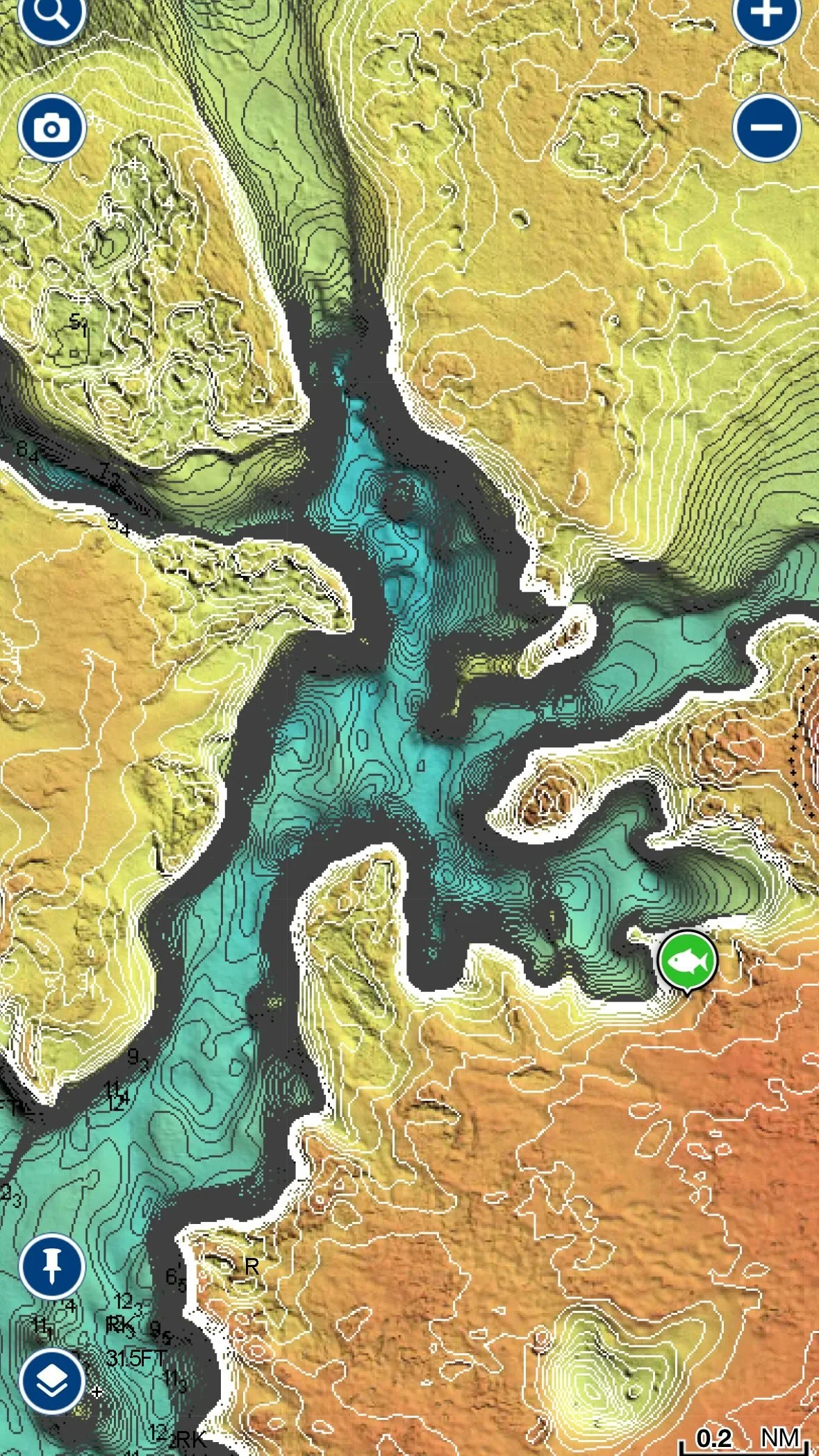 Topographic map of a coral reef system with contour lines, water depths in shades of blue, and varying elevation in green, yellow, and orange.
