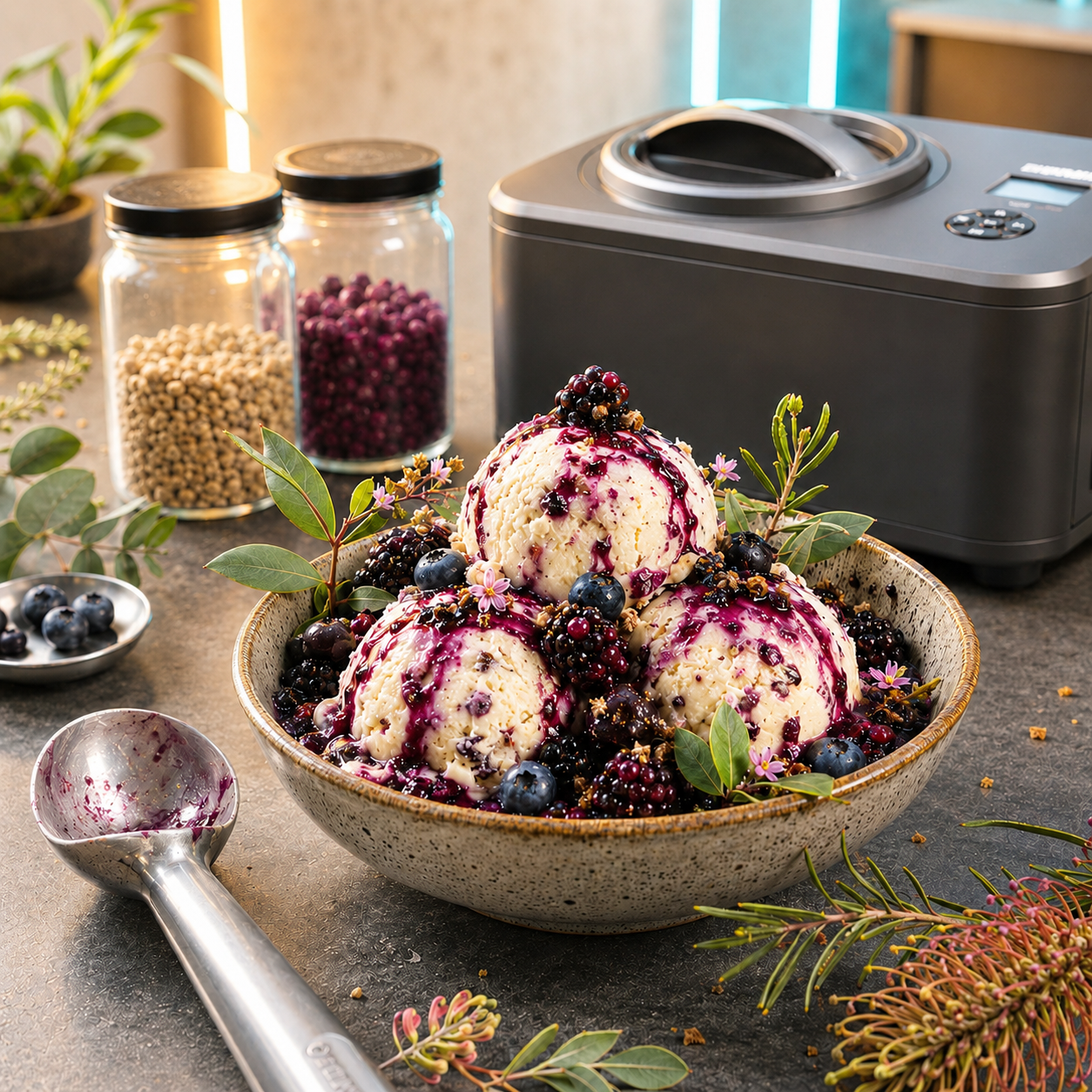 A bowl of vanilla ice cream topped with mixed berries and berry syrup, garnished with flowers and leaves, on a gray countertop with a batch freezer, jars of berries, and a silver scoop nearby.
