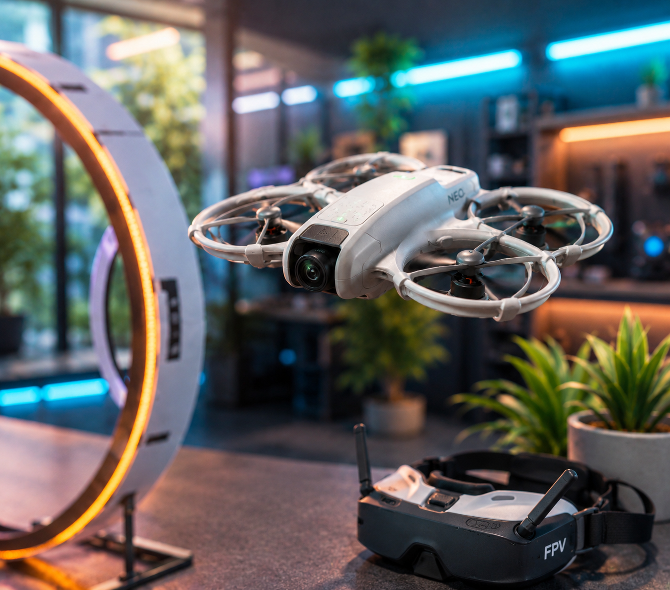 A white quadcopter drone flying indoors with a remote control on a table nearby. The room has plants and colorful lighting.