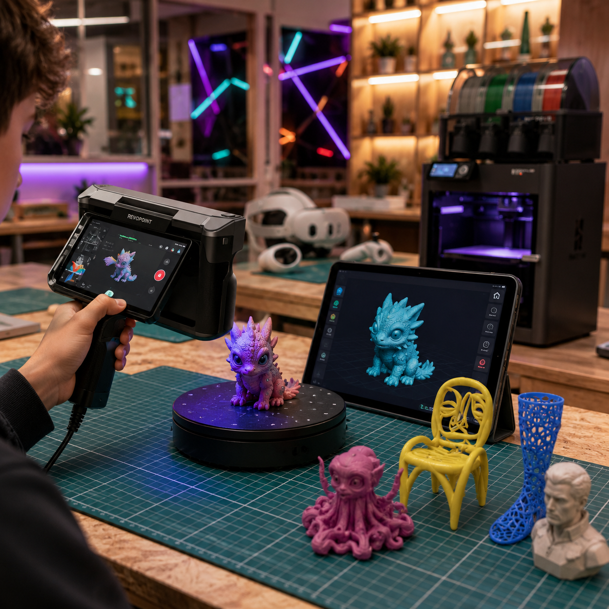 A person using a 3D scanner on a purple dragon-shaped figurine in a creative workshop with 3D printed models, a tablet displaying the 3D model, and printing equipment in the background.