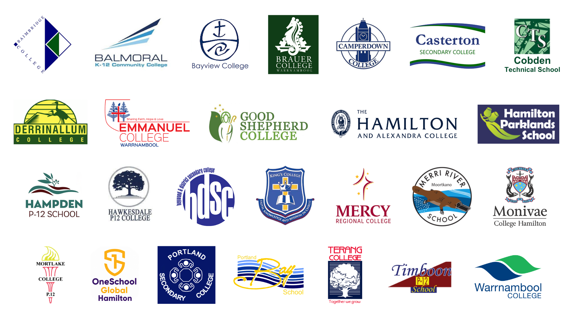 Collection of logos for various colleges and schools including Balmoral College, Bayview College, Brauer College, Camperdown College, Casterton Secondary College, Cobden Technical School, Derrinallum College, Emmanuel College, Good Shepherd College, Hamilton and Alexandra College, Hamilton Parklands School, Hampden P-12 School, Hawkesdale P12 College, hDSc, King's College, Mercy Regional College, Moortkano School, Monivae College Hamilton, Mortlake College, OneSchool Global Hamilton, Portland Secondary College, Portland Bay School, Terang College, Timboon P-12 School, and Warrnambool College.