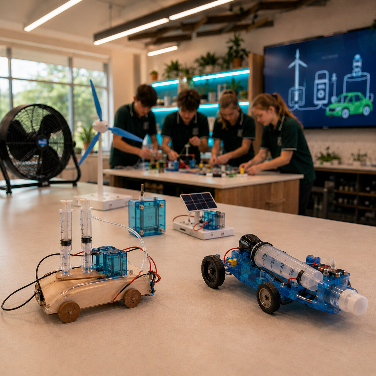 Students working on robotics projects in a classroom, with projects and a model wind turbine on the table in the foreground.