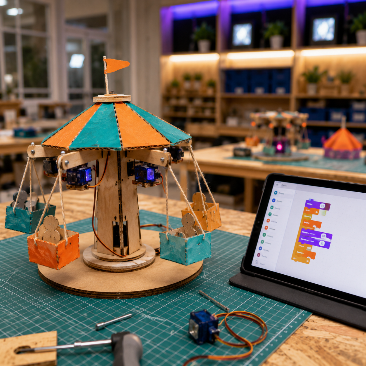 A miniature carousel with colored roofs and small hanging seats, built from wood and electronic components, sits on a work table with tools and a tablet displaying a block-coded programming interface. Background shows a workshop environment with shelves and lighting.