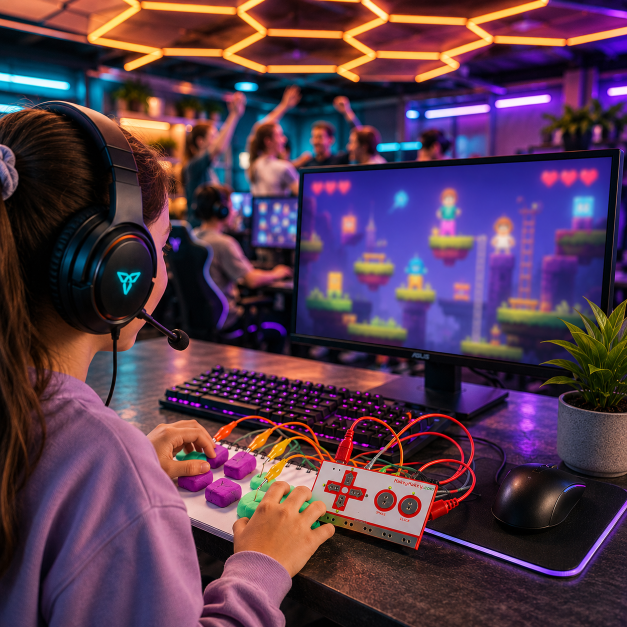A woman wearing a headset and gaming on a computer, with a game displayed on the screen. She is using a custom controller connected to the keyboard, in a vibrant gaming event space with colorful lighting and other people gaming in the background.