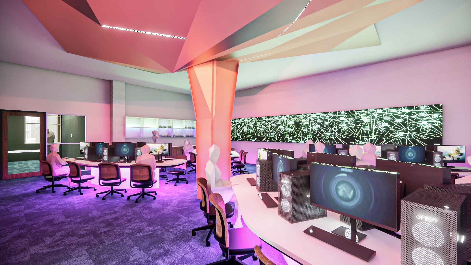 A modern gaming or tech lounge with computer desks and monitors, colorful ambient lighting, and a large digital screen on the wall displaying green lines and patterns.