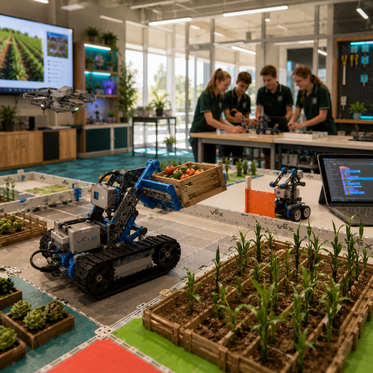 Robotics lab with students working on robot development. A robot is holding a crate of tomatoes in a farming simulation setup, surrounded by small plant beds and tracked robots, with a drone flying in the background.