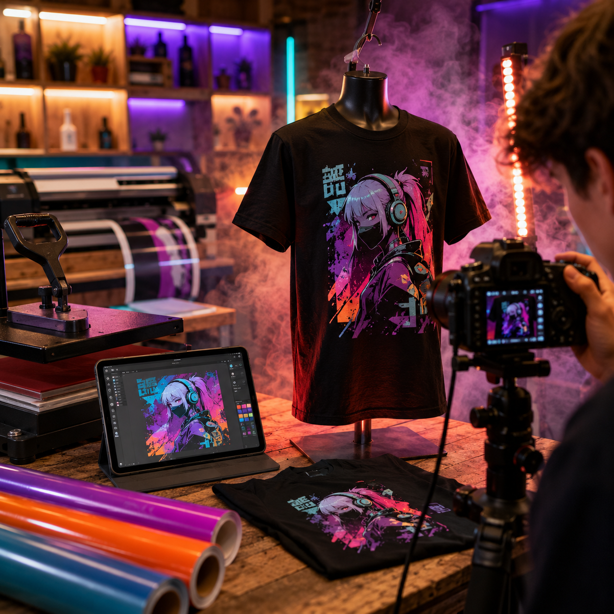 Photographer taking a picture of a black T-shirt with vibrant, anime-style artwork of a girl wearing headphones and a face mask, displayed on a dress form. The setup includes printing equipment, tablets, and colored vinyl rolls in a creative workspace with colorful lighting and shelving.