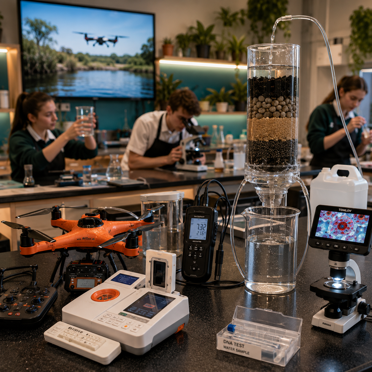 Science laboratory with students conducting experiments, including a large chromatography column, drone, microscopes, and testing equipment.