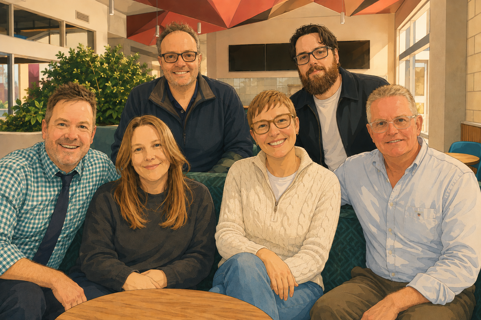 A group of six people, smiling and sitting together at their workplace, with a warm and inviting interior and large windows letting in natural light.