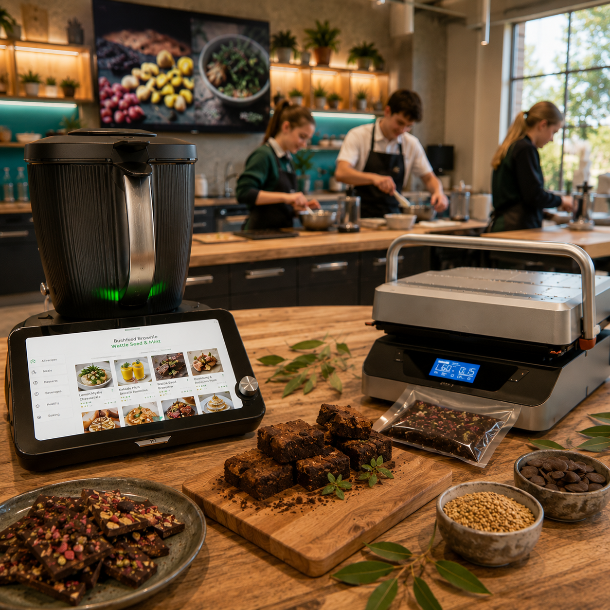 A commercial kitchen with three people preparing food on a wooden countertop. In the foreground, there are various chocolates, baked goods, and ingredients on the counter, along with a digital device showing a recipe for wheat seed and mint brownies. There's a large tea or coffee brewing machine and a vacuum sealer on the counter. The background features a modern kitchen with shelves of plants, a large window, and a television screen displaying an image of spices and herbs.