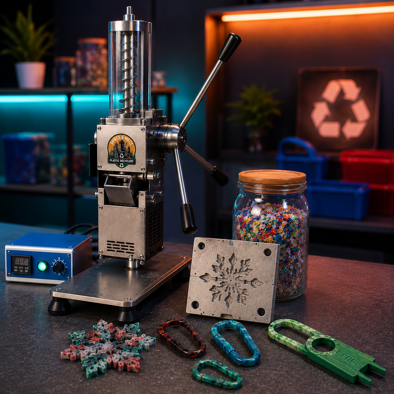 A machine used for cutting cookies into snowflake shapes, with colorful candy decorations around it and a jar filled with multicolored candy on the side. In the background, there are recycling bins and a recycling symbol illuminated on the wall.