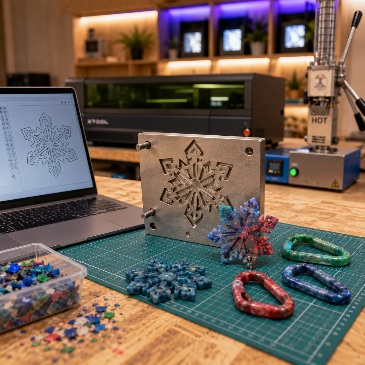 A workshop with a laser-cut snowflake design on a metal plate, colorful plastic snowflake and candy cane ornaments, a laptop displaying a snowflake design, and 3D printer related equipment in the background.