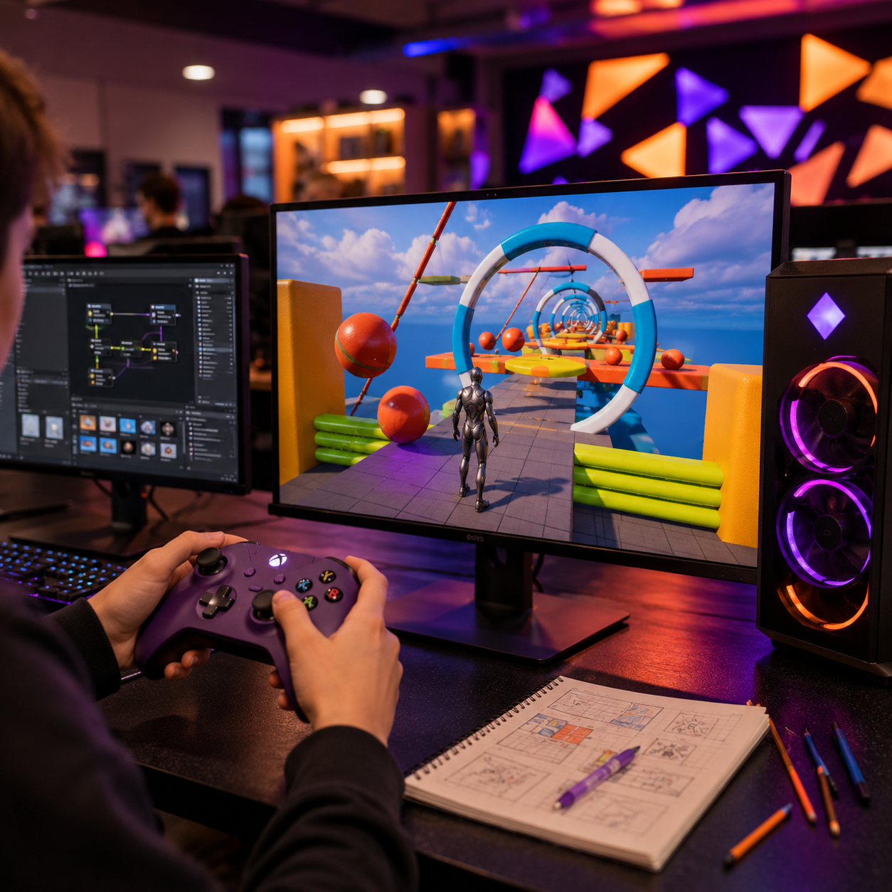 A person holding a game controller, working on game development with a keyboard, notebook, and colored pens on the desk. The monitor displays a colorful, surreal virtual environment with floating rings and geometric shapes, suggesting a video game scene.