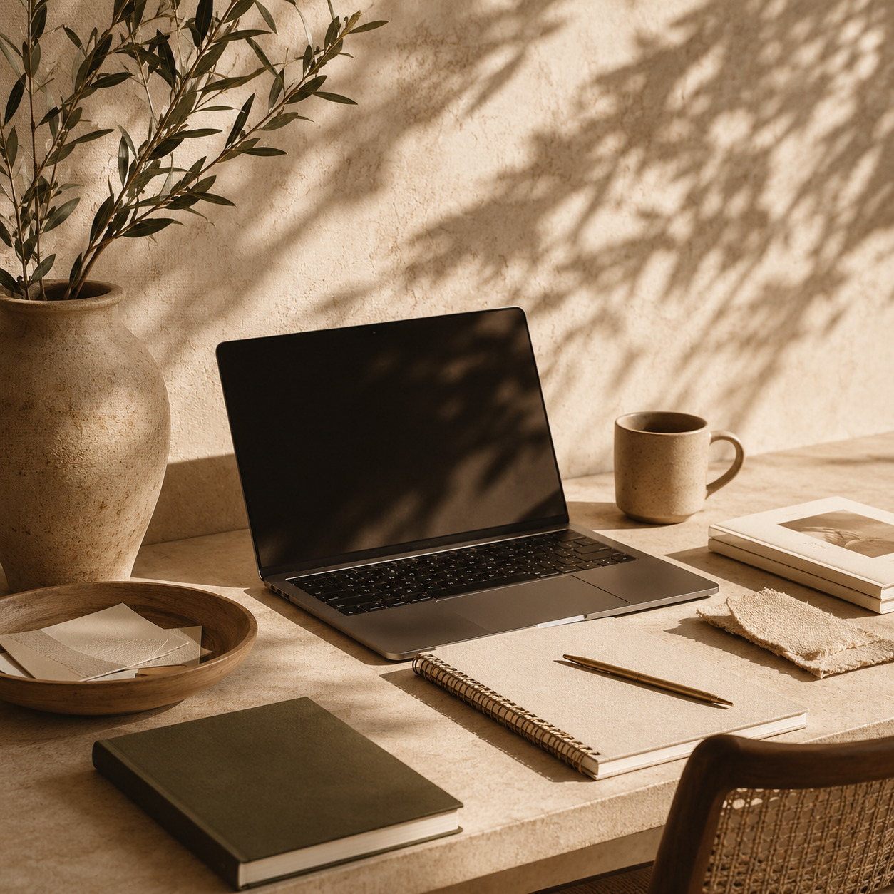 Minimalist workspace with a laptop, beige notebooks, a coffee mug, a small potted plant, and sunlight casting shadows on the wall.