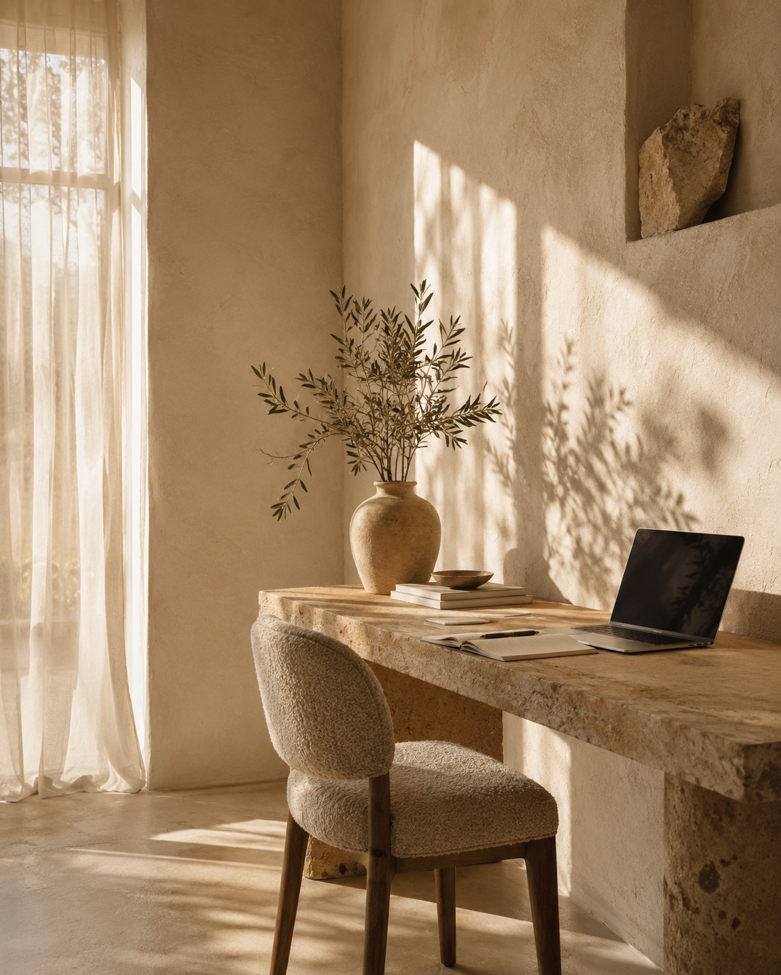 A minimalist home office with a stone desk, beige upholstered chair, a laptop, books, a ceramic vase with greenery, and sunlight casting shadows on the wall.