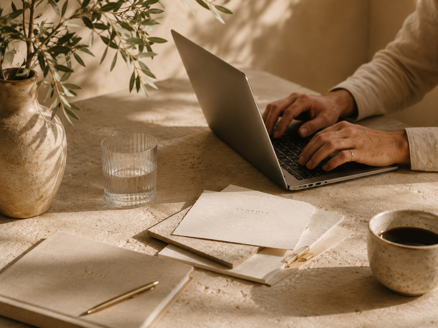 A person working on a laptop at a desk with a beige surface, a potted plant, a glass of water, a notebook, papers, a cup of coffee, and gold paper clips.