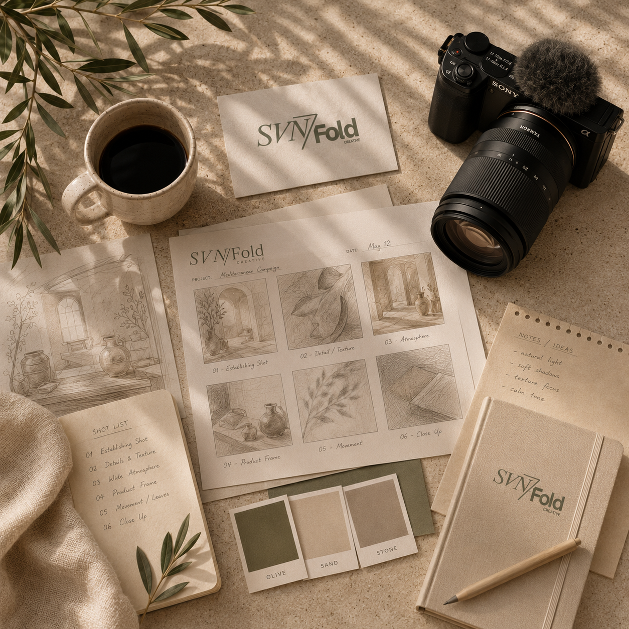 A photography workspace with sketches, notes, color swatches, a camera, a mug of coffee, a notebook, and decorative leaves on a textured surface.