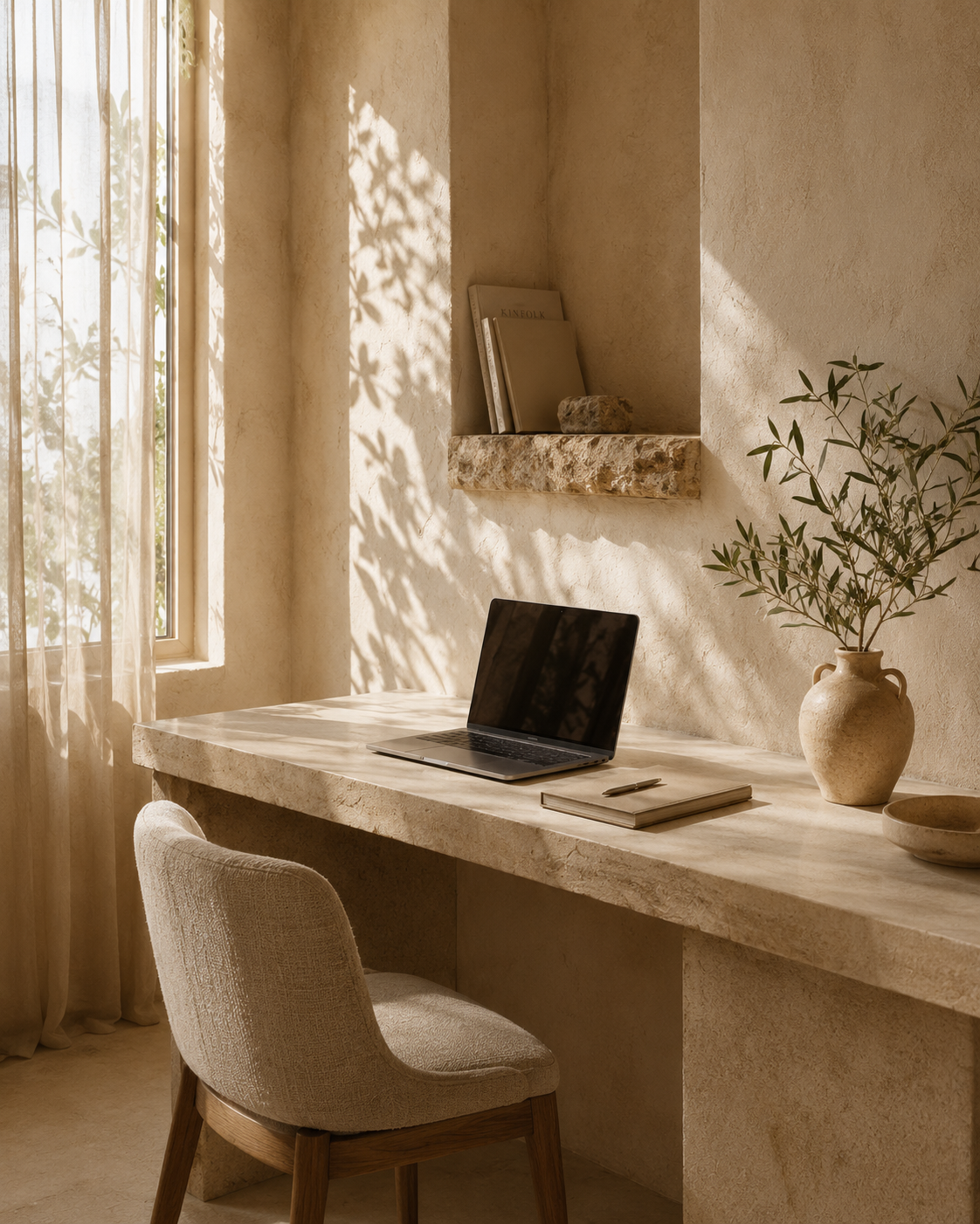 Sunlit home office with a beige desk, laptop, closed notebook, pen, ceramic vase with greenery, and a window with sheer curtains.