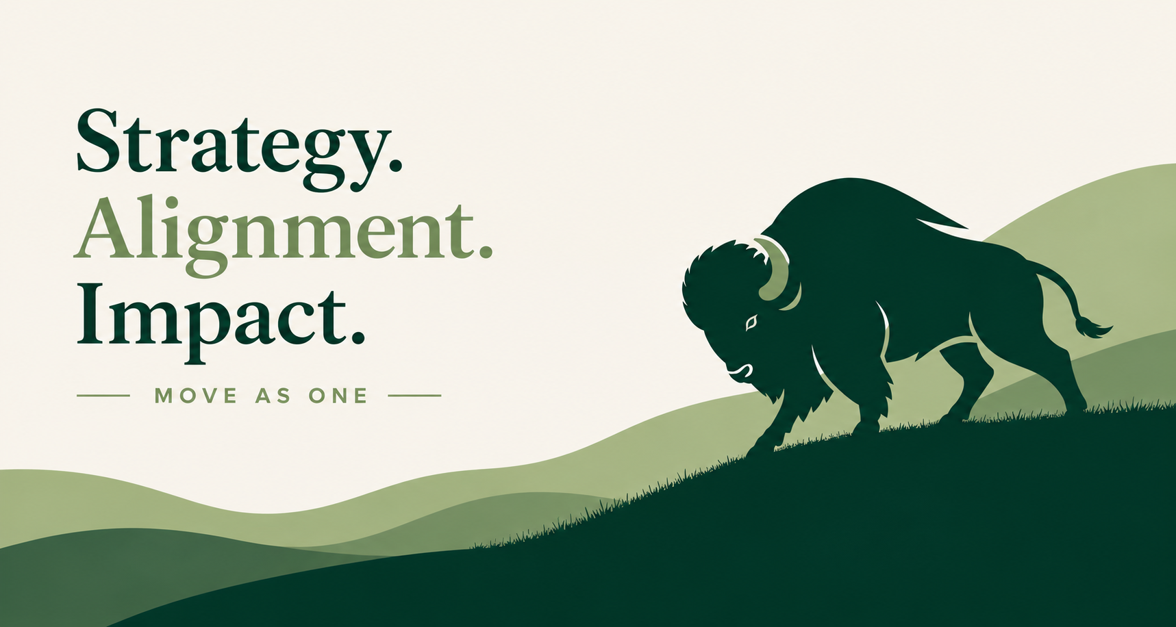A stylized illustration of a bison walking on a hilly landscape with the text 'Strategy. Alignment. Impact. Move as one' in bold green and black font.